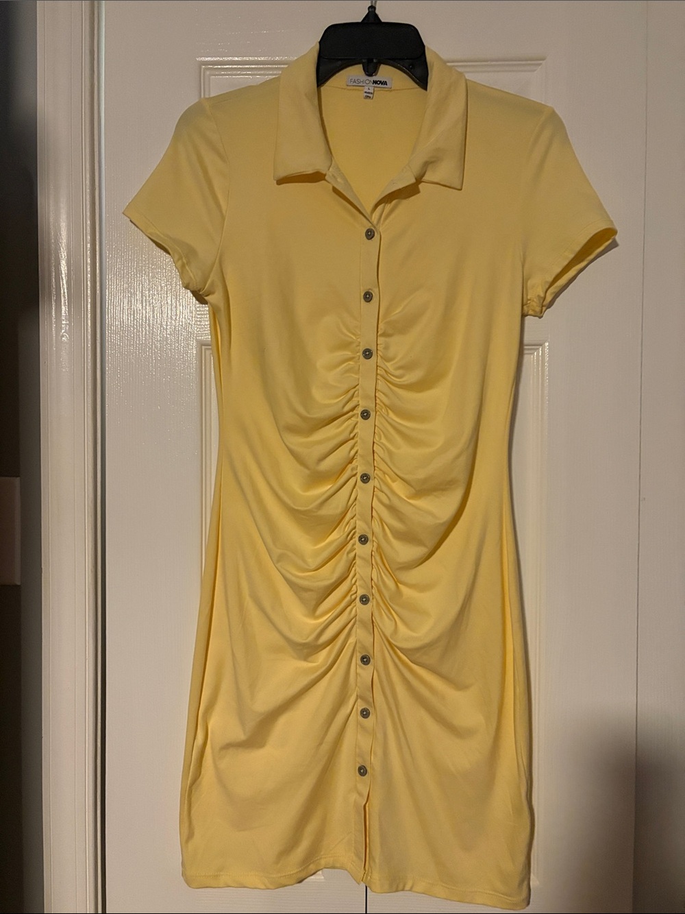 Fashion Nova Yellow Ruched Button-Front Mini Dress